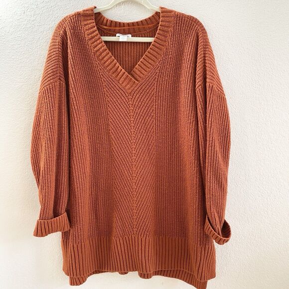 Westbound Womens 2X Long Sleeve Burnt Orange Ribbed V Neck Knit Sweater - Picture 5 of 9